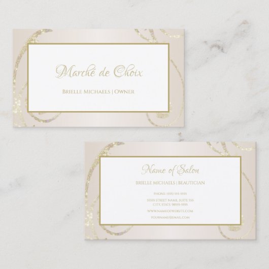 ホワイト&金ゴールドグリッターフィリグリー美しいブティック 名刺 (正面/裏面)