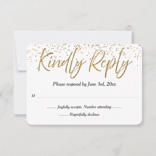 ホワイト&金ゴールドグリッター書道ウェディングRSVP 出欠カード (正面)