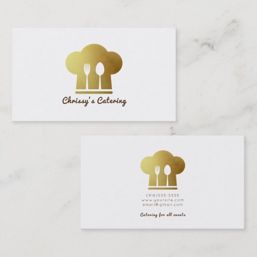 ホワイト&金ゴールドシェフ食べ物ハットの道具ミニマル 名刺 (正面/裏面)