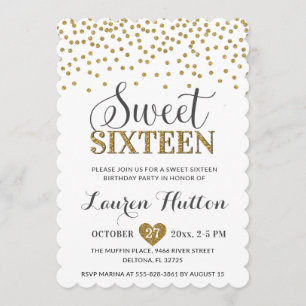 ホワイト&金ゴールドシックSweet sixteenパーティー誕生日 招待状