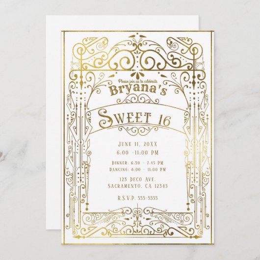 ホワイト&金ゴールドシャインヴィンテージビクトリアンデコスウィート16 招待状 (正面/裏面)