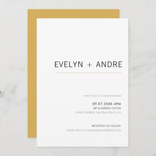 ホワイト&金ゴールドシンプルミニマ結婚リスト 招待状 (正面/裏面)