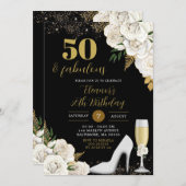 ホワイト&金ゴールドスティレットヒールフローラ誕生日 招待状 (正面/裏面)