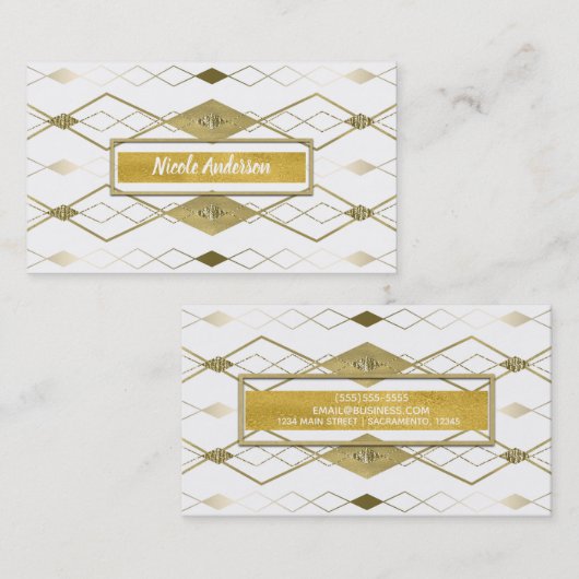 ホワイト&金ゴールドダイヤモンドグラマーモダンクラッシーエレガント 名刺 (正面/裏面)