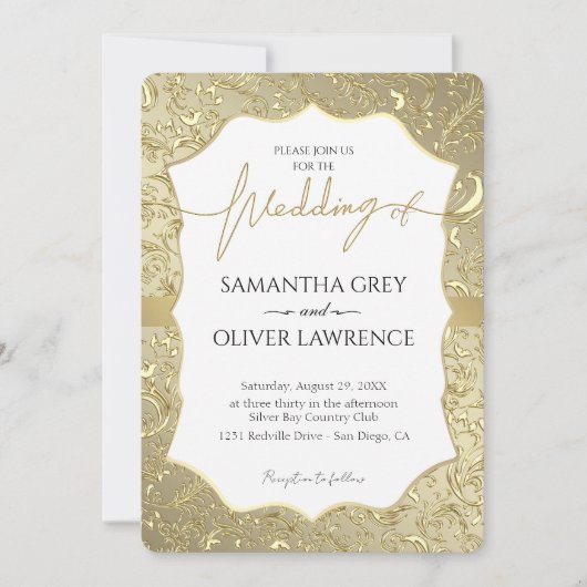 ホワイト&金ゴールドダマスクウェディング招待状 招待状 (正面)