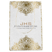 ホワイト&金ゴールドダマスク&ヴィンテージオーナメント ミディアムペーパーバッグ (正面)