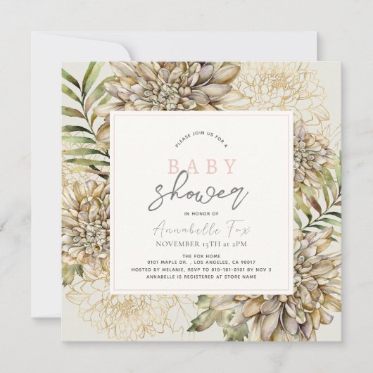 ホワイト&金ゴールドダリアフローラガールベビーシャワー 招待状 (正面)