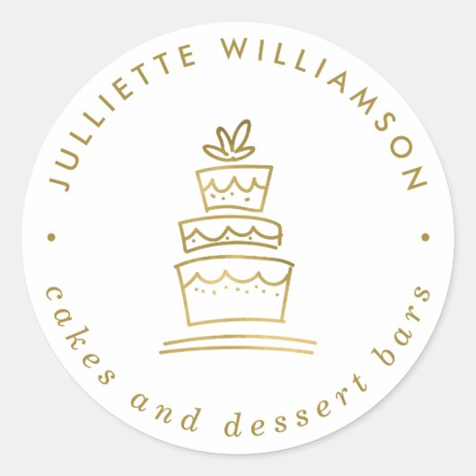 ホワイト&金ゴールドハンドドロー結婚ズケーキ ラウンドシール (正面)