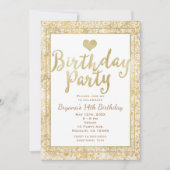 ホワイト&金ゴールドハートグラムバースデーパーティー招待 招待状 (正面)