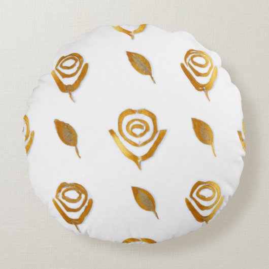 ホワイト&金ゴールドバラフローラルパターン ラウンドクッション (正面)