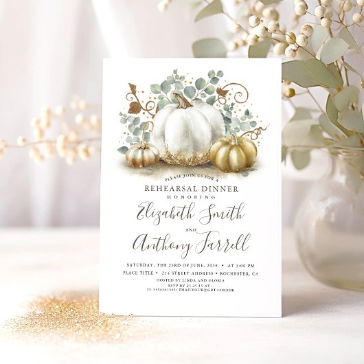 ホワイト&金ゴールドパンプキンス秋リハーサルディナー 招待状