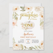 ホワイト&金ゴールドパンプキンファースト誕生日 招待状 (正面)