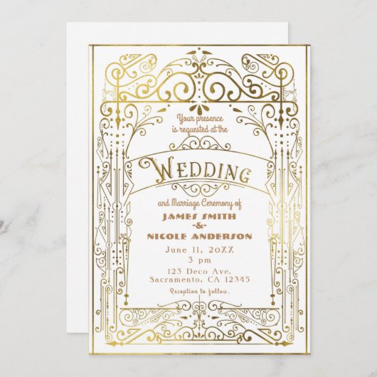 ホワイト&金ゴールドビクトリアンヴィンテージ結婚デコ 招待状 (正面/裏面)