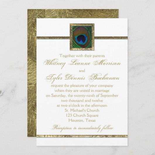 ホワイト&金ゴールドピーコックフェザー結婚式招待状 招待状 (正面/裏面)