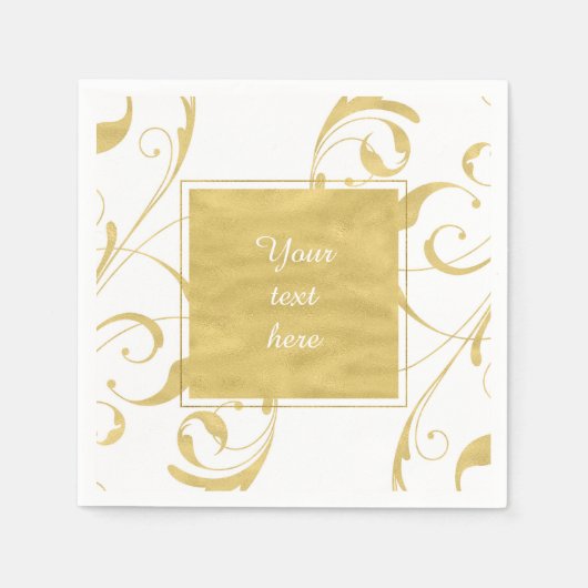 ホワイト&金ゴールドフェイクフローラスワールエレガントな結婚式 スタンダードカクテルナプキン (正面)