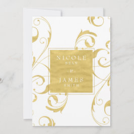 ホワイト&金ゴールドフェイクフローラスワールエレガントな結婚式 招待状