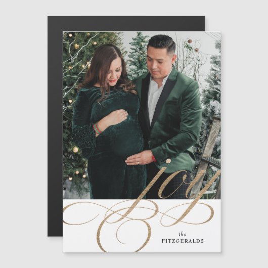 ホワイト&金ゴールドフェスティバルフローリッシュジョイホリデーマグネット マグネット招待状 (正面/裏面)