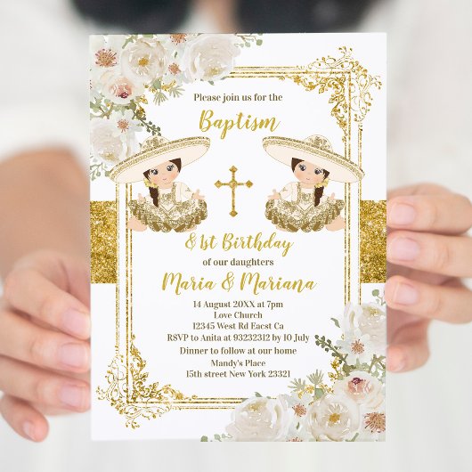 ホワイト&金ゴールドフローラツインガールバプテスマ&誕生日 招待状