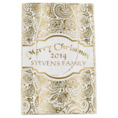 ホワイト&金ゴールドフローラペイズリーレースクリスマスデザイン ミディアムペーパーバッグ (正面)