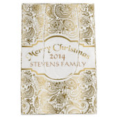 ホワイト&金ゴールドフローラペイズリーレースクリスマスデザイン ミディアムペーパーバッグ (裏面)