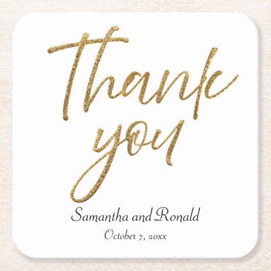 ホワイト&金ゴールドミニマリストありがとうご結婚ざう スクエアペーパーコースター (正面)