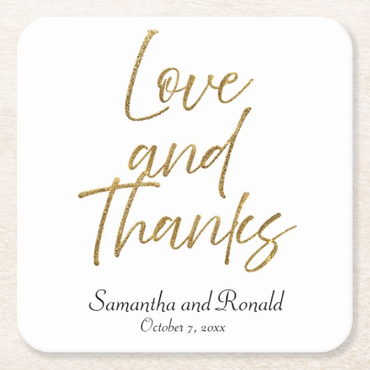 ホワイト&金ゴールドミニマル感謝していラブ&結婚ズ スクエアペーパーコースター (正面)