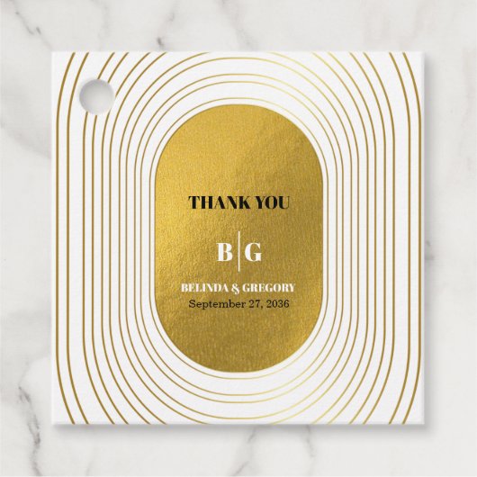 ホワイト&金ゴールドモダンミニマリスト結婚アーチズ フェイバータグ (正面)