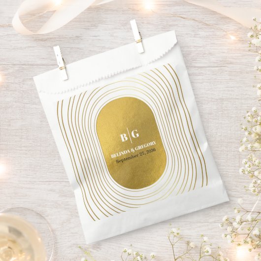 ホワイト&金ゴールドモダンミニマリスト結婚アーチズ フェイバーバッグ (クリップ留めされた状態)