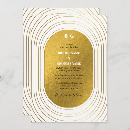 ホワイト&金ゴールドモダンミニマリスト結婚アーチズ 招待状 (正面/裏面)