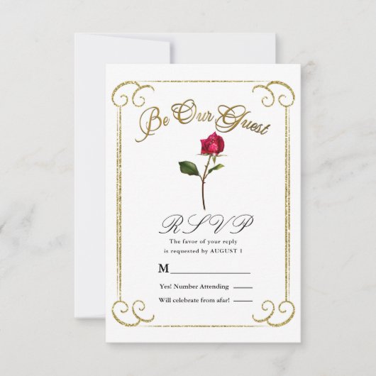 ホワイト&金ゴールドレッドローズ美しいウェディングRSVP返信 招待状 (正面)