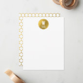 ホワイト&金ゴールド六角パターンモノグラムイニシャル ノートカード (正面/裏面インサイチュ)