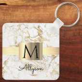 ホワイト&金ゴールド大理石金ゴールドボックス、ブラックネームモノグラム キーホルダー (裏面)