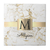 ホワイト&金ゴールド大理石金ゴールドボックス、ブラックネームモノグラム タイル (正面)