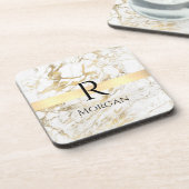 ホワイト&金ゴールド大理石、ブラックネーム&モノグラム コースター (左側)