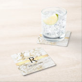 ホワイト&金ゴールド大理石、ブラックネーム&モノグラム スクエアペーパーコースター (インサイチュ)