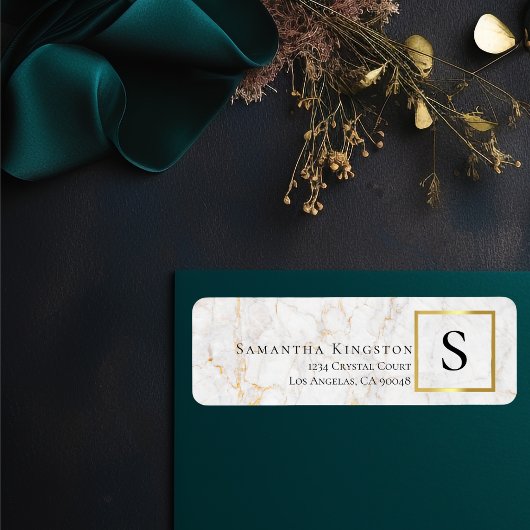 ホワイト&金ゴールド大理石 |モノグラム差出人住所 ラベル