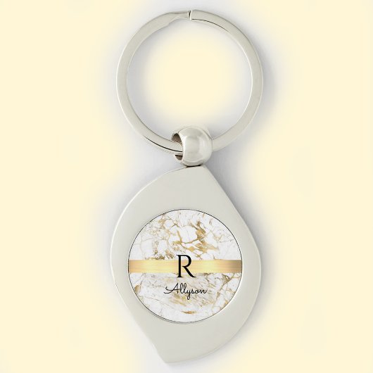 ホワイト&金ゴールド大理石、金ゴールドバー、ブラックネームモノグラム キーホルダー