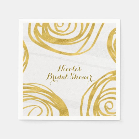 ホワイト&金ゴールド旋回バラモダンブライダルシャワー スタンダードカクテルナプキン (正面)