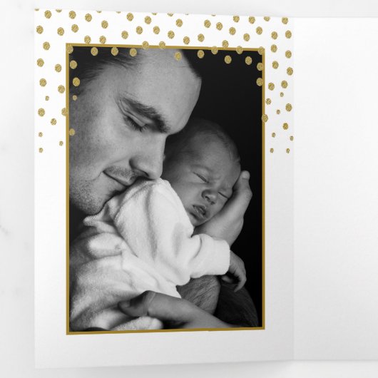 ホワイト&金ゴールド水玉模様、3フォトコラージュベビー誕生 三つ折り案内状 (内部最初)