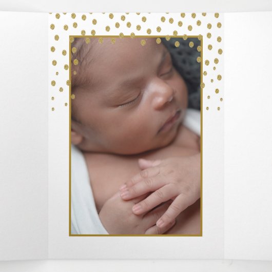 ホワイト&金ゴールド水玉模様、3フォトコラージュベビー誕生 三つ折り案内状 (内部中)