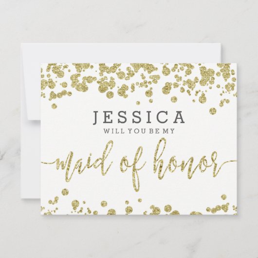 ホワイト&金ゴールド紙吹雪が私のメイド・オブ・オーナー(花嫁付き添い人) 招待状 (正面)