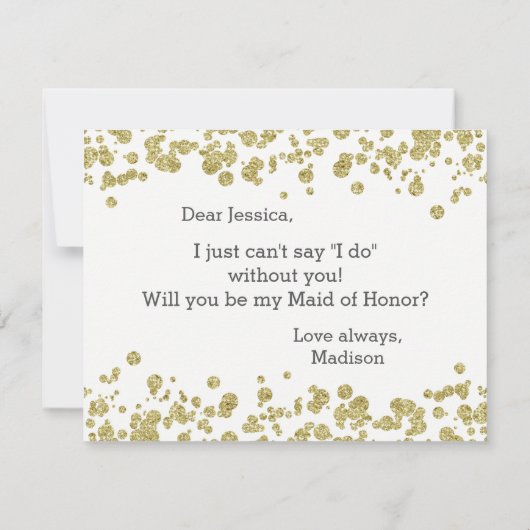 ホワイト&金ゴールド紙吹雪が私のメイド・オブ・オーナー(花嫁付き添い人) 招待状 (裏面)