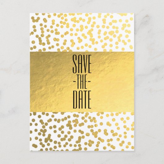 ホワイト&金ゴールド紙吹雪フォイルGlam Save the Date 案内ポストカード (正面)