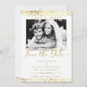 ホワイト&金ゴールド紙吹雪フォトウェディング日付を保存 招待状 (正面)