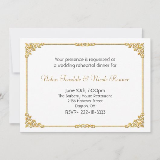 ホワイト&金ゴールド結婚のリハーサルディナー招待状 招待状 (正面)