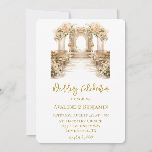 ホワイト&金ゴールド結婚教会お祝い 招待状 (正面)