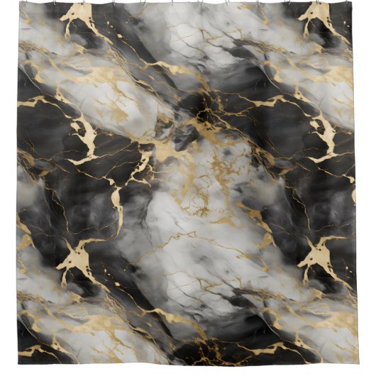 ホワイト、金ゴールド、ブラックラグジュアリーマーブルエレガント シャワーカーテン (正面)