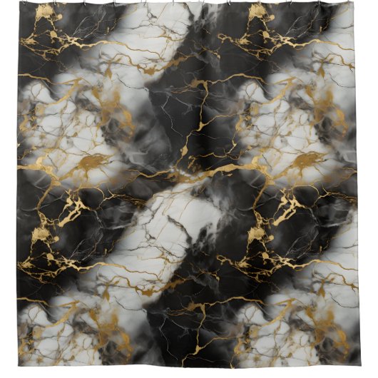 ホワイト、金ゴールド、ブラックラグジュアリーマーブルエレガント シャワーカーテン (正面)