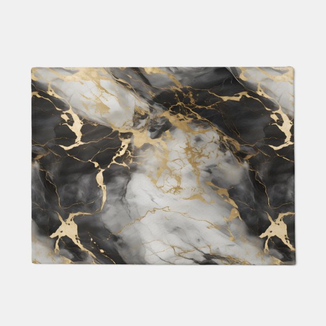 ホワイト、金ゴールド、ブラックラグジュアリーマーブルエレガント ドアマット (正面)