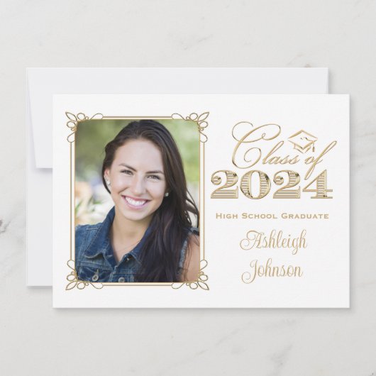 ホワイト、金ゴールド、レッド2024写真卒業招待状 招待状 (正面)